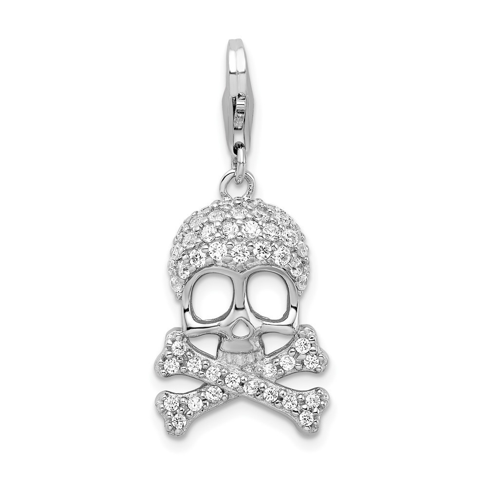 925 Sterling Silver Polished CZ Skull & Cross Bones Bracelet Charm Lobster Clasp